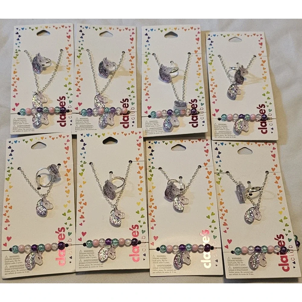 Lot Of 8 Claires Kid Jewlery Unicorn Necklace Ring Bracelet Set Birthday Party